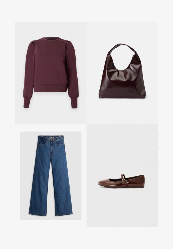 Vinrød sweatshirt med lange, puffede ærmer og ribbede manchetter. Blødt materiale, rund halsudskæring og en tætsiddende kant. Glat tekstur.; Bredde ben blå denim jeans med høj talje, der har et klassisk fem-lomme design og en tekstureret taljebånd.; Brun patentlæder balletflade med firkantet tå og strop med en lille guldbuckle. Glat tekstur, lav hæl og minimalistisk design.; Bordeaux, skinnende vegansk læder tote taske med en blød, skulpturel form og et bredt, buet håndtag for nem bæring.