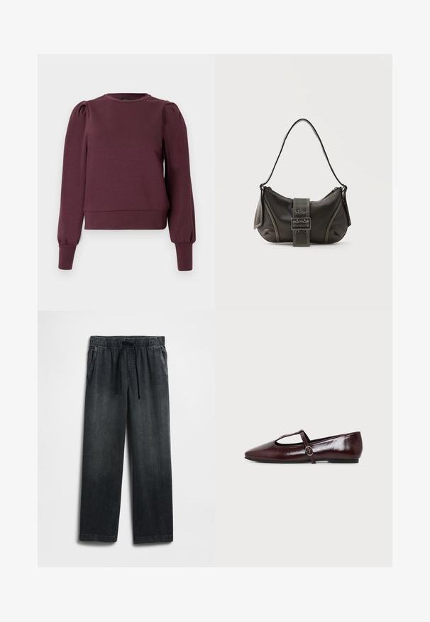Bordeauxrotes Sweatshirt mit langen, aufgepufften Ärmeln und gerippten Bündchen. Weiches Material, Rundhalsausschnitt und taillierter Saum. Glatte Textur.; Schwarze Jeanshose mit einem elastischen Bund und Kordelzug, weitem Bein und dezentem Used-Effekt. Mit zwei Seitentaschen.; Dunkelburgunderfarbener flacher Lederschuh mit spitzer Spitze und einem dünnen T-Riemen mit silberner Schnalle auf weißem Hintergrund.; Schwarze Leder-Schultertasche mit Schnallengurt-Detail, abgerundeten Kanten und kontrastierenden weißen Nähten auf schlichtem Hintergrund.