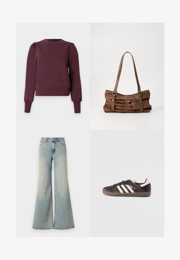 Bordeauxrode trui met lange, pofmouwen en geribbelde manchetten. Zacht materiaal, ronde hals en een aansluitende zoom. Soepele textuur.; Lichtblauwe wijde jeans met een hoge taille, featuring een vervaagde afwerking, zijzakken en een subtiele split aan de onderkant van de poten.; Donkerbruine leren sneakers met een wit drie-strepen ontwerp, een rubberen zool en "Samba" in gouden letters aan de zijkant. Klassieke lage schoenvorm.; Even&Odd Handtas - brown