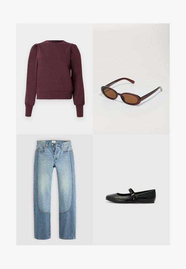 Bordeauxrode trui met lange, pofmouwen en geribbelde manchetten. Zacht materiaal, ronde hals en een aansluitende zoom. Soepele textuur.; Lichtblauwe denim jeans met een rechte, losse pasvorm, voorzien van contrasterende paneeldetails en een vijf-pocket ontwerp. Knopen vloogsluiting.; Zwarte leren balletschoenen met een ronde neus, een platte zool en een dunne verstelbare band over de wreef met een metalen gesp.; Ronde, bruin getinte zonnebril met een glanzend bordeauxrood frame. Slanke pootjes met subtiele merkdetails. Vlakke lensontwerp.
