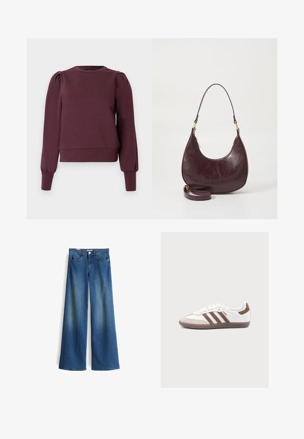 Bordeauxrotes Sweatshirt mit langen, aufgepufften Ärmeln und gerippten Bündchen. Weiches Material, Rundhalsausschnitt und taillierter Saum. Glatte Textur.; Weite Jeans aus Denim in Mittelblau mit glatter Textur. Verfügt über zwei Fronttaschen und einen klassischen Knopfverschluss in der Taille.; Weißer Adidas Samba Sneaker mit braunen Veloursstreifen, brauner Velourspitze und Gummisohle auf hellgrauem Hintergrund.; Burgunderfarbene Leder-Schultertasche mit geschwungener Form, Reißverschluss und abnehmbarem Tragegurt. Sie hat eine glatte Textur und goldene Hardware-Details.