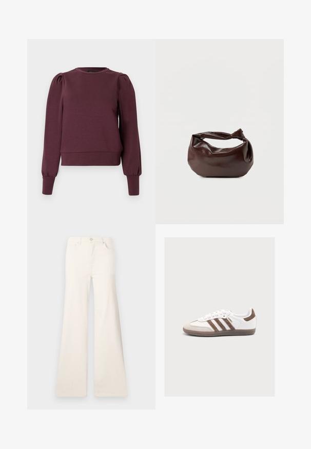 Sweat-shirt bordeaux avec manches longues bouffantes et poignets côtelés. Matière douce, encolure ronde et ourlet ajusté. Texture lisse.; ONLY Wide-fit ONLMADISON High waist Wide Leg Fit - Wide Leg - ecru; Baskets blanches Adidas Samba avec des bandes en daim marron, un patch marron au talon, un bout beige et une semelle en caoutchouc translucide, vues de côté.; Sac bandoulière en cuir marron foncé avec une forme souple et décontractée et une anse nouée torsadée sur un fond blanc uni.
