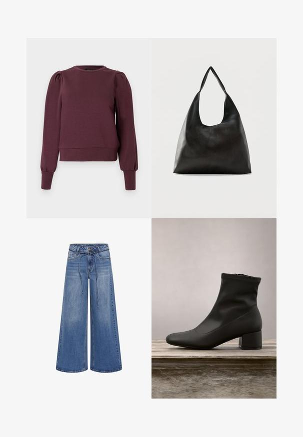 Vinrød sweatshirt med lange, puffede ærmer og ribbede manchetter. Blødt materiale, rund halsudskæring og en tætsiddende kant. Glat tekstur.; My Essential Wardrobe MWKARO 144 MID XWIDE - Wide leg - medium blue wash; Sort ankelstøvle med en glat, skinnende læderfinish, en skrå blokhælkappe og en tætsiddende, elastisk overdel for en slank silhuet.; Sort skuldertaske i glat læder med en bred, enkelt strop og et afslappet, minimalistisk design mod en ensfarvet baggrund.