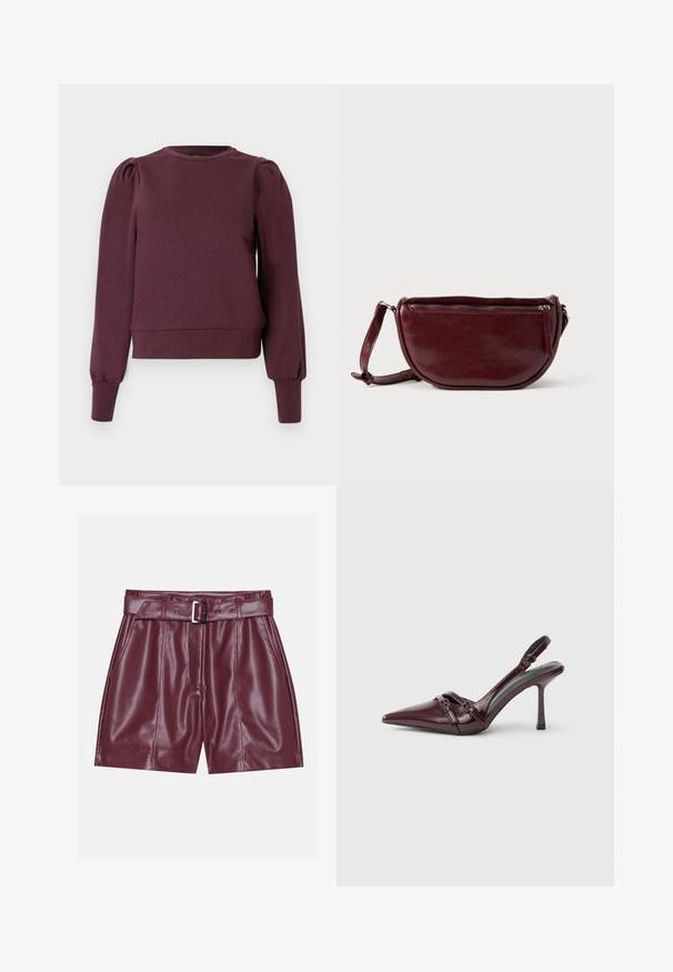 Vinrød sweatshirt med lange, puffede ærmer og ribbede manchetter. Blødt materiale, rund halsudskæring og en tætsiddende kant. Glat tekstur.; Burgunderfarvede faux lædershorts med en bred talje, et bælte med en sølvspænde og frontfald for en afslappet silhuet.; Bourgogne laklæder slingback-hæl med spids tå, tynd ankelrem og lille dekorativ spænde. Glat tekstur og høj hæl.; Vinrød læderhåndtaske med halvmåneform, lynlås og aftagelig rem. Glat tekstur med en subtil glans.