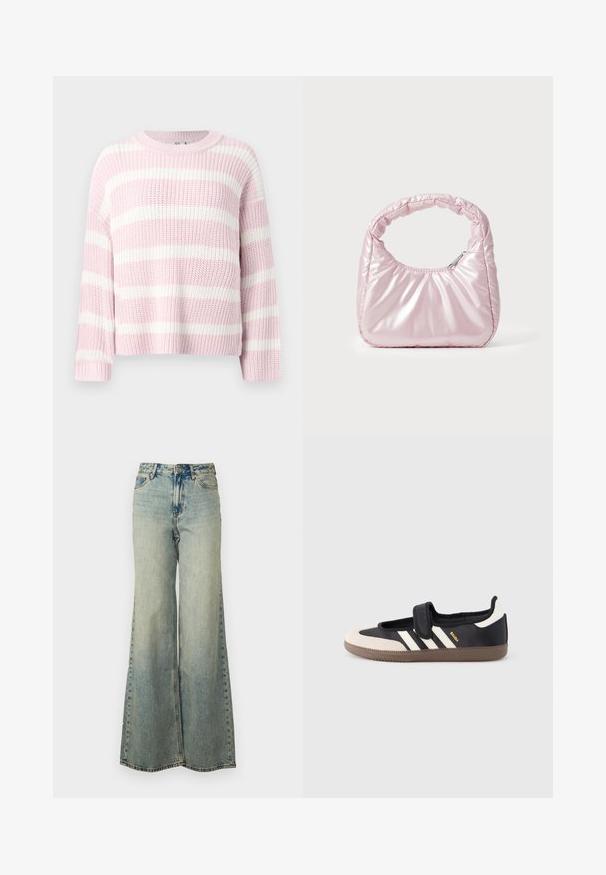 Dicker Strickpullover mit breiten horizontalen Streifen in Pastellrosa und Weiß, mit einem runden Halsausschnitt und langen Ärmeln.; Helles blauweite Jeans im Denim-Stil mit hoher Taille, ausgewaschenem Finish und seitlichen Taschen mit sichtbaren Nähten.; Schwarzer und beiger Sneaker mit Klettverschluss, drei weißen Streifen an der Seite und einer strukturierten braunen Gummisohle. Markenlogo sichtbar.; Rosa, gepolsterte Handtasche mit abgerundeter Form, aus glänzendem Material gefertigt. Verfügt über einen gerafften Griff und einen Reißverschluss für sicheren Zugang.