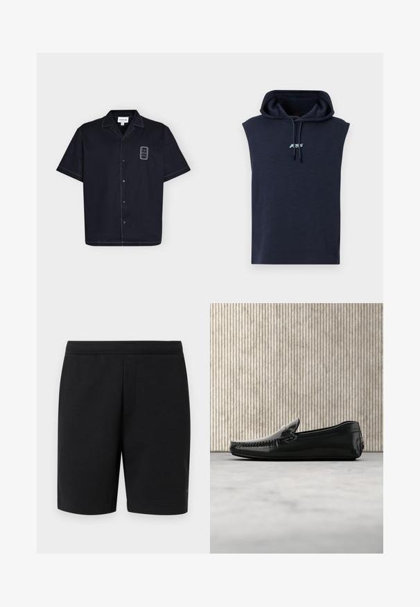 Sweat à capuche sans manches bleu marine avec cordons et petit logo « BOSS » blanc et bleu clair centré sur la poitrine.; Chemise noire à manches courtes avec boutons, surpiqûres blanches et petite écusson rectangulaire sur le côté gauche de la poitrine.; Short noir longueur genou avec taille plate et détail discret de couture avant, présenté sur un fond clair uni.; Mocassins en cuir noir avec une finition brillante, bout rond et quincaillerie décorative à l'avant. Semelle en caoutchouc à profil bas. Texture lisse.