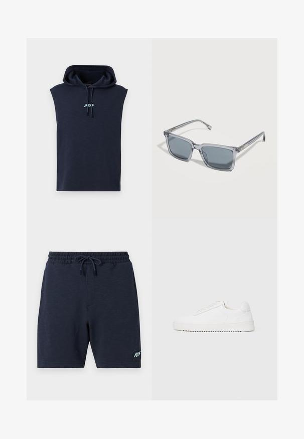 Sweat à capuche sans manches bleu marine avec cordons et petit logo « BOSS » blanc et bleu clair centré sur la poitrine.; Short bleu marine pour homme avec taille élastique et cordon, avec petit logo "BOSS" sur la partie inférieure de la jambe gauche.; Sneaker blanc avec une tige en cuir lisse, bout rond, lacets, accents latéraux texturés et une épaisse semelle en caoutchouc. Design minimaliste.; Lunettes de soleil rectangulaires teintées de gris avec des montures en plastique gris transparent et des branches fines, présentées sur une surface blanche.