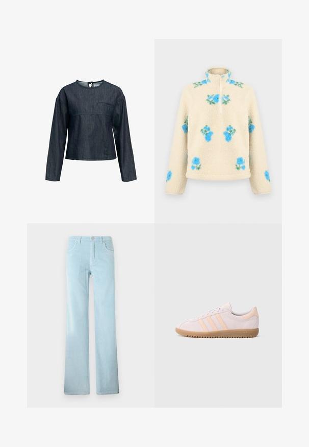 Pull en polaire crème avec des motifs floraux bleus, un col montant et une fermeture éclair frontale s'étendant jusqu'à la moitié de la poitrine.; Chemise en denim foncé à manches longues avec col rond, une poche poitrine unique et fermeture par lien au dos, présentée sur fond blanc.; Pantalon en velours côtelé bleu clair avec coupe droite, fermeture par bouton et poches avant, présenté sur un fond blanc uni.; Baskets en daim rose avec trois bandes rose clair, bout amande et semelle en caoutchouc couleur gomme. Caractérisées par un design minimaliste et des coutures ton sur ton.