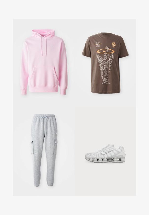 Rosa Kapuzenpullover aus Baumwollmischung, mit Kängurutasche, Zugbändern und einem kleinen weißen Nike-Logo auf der Brust.; Braunes Baumwoll-T-Shirt mit einer weißen Umrissgrafik einer geflügelten Statue, dem Nike-Logo und abstrakten Formen in Orange, mit kurzen Ärmeln und Rundhalsausschnitt.; Graue Sweatpants aus weichem Material, mit elastischem Bund und Kordelzug, zwei seitlichen Cargo-Taschen und schmal zulaufenden Bündchen.; Weißer Nike Laufschuh mit sichtbarer luftgepolsterter Sohle und silbernem Swoosh-Logo an der Seite, von der Außenseite gezeigt.