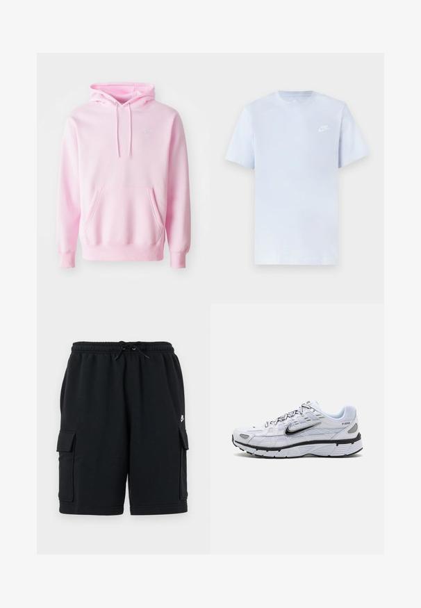 Roosa kapuutsipeakott, mis on valmistatud puuvilla segust, millel on ees kangaroo tasku, nöörid ja rinnal väike valge Nike logo.; Hele sinine puuvillane t-särk lühikeste varrukatega, ümar kaelus ja valge Nike logo trükituna vasakul rinnal. Sile tekstuur, lihtne disain.; Mustad puuvillast cargo-teksapüksid, millel on elastne vöökoht ja nöör, kaks küljetaskut ning väike logoaksent.; Valge jooksutoss, millel on võrkmaterjalist pealis, ümar varvas, mustad aksessuaarid ja mustriline tall. Omab paeltega kinnitamist ja brändingut külgedel.