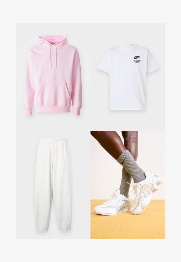 Rosa Kapuzenpullover aus Baumwollmischung, mit Kängurutasche, Zugbändern und einem kleinen weißen Nike-Logo auf der Brust.; Weißes Nike T-Shirt mit kurzen Ärmeln, schwarzem "Nike"-Logo und dem Text "Authorized Personnel Only" auf der linken Brust.; Hellgraue Sweatpants aus weichem Stoff, mit einem elastischen Bund, schmal zulaufenden Beinen und Fußbündchen. Einfaches Design ohne Muster.; Nike-Sneaker in Weiß mit silbernen Akzenten, ausgestattet mit strukturierten Paneelen und Perforationen. Kombiniert mit grauen gerippten Socken, vor einem gelben Hintergrund.