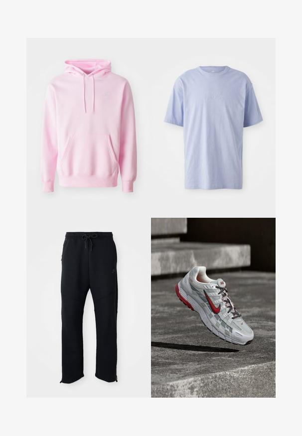 Rosa Kapuzenpullover aus Baumwollmischung, mit Kängurutasche, Zugbändern und einem kleinen weißen Nike-Logo auf der Brust.; Hellblaues Baumwoll-T-Shirt mit Rundhalsausschnitt und kurzen Ärmeln. Mit einem geprägten "Nike"-Logo auf der Vorderseite in der Mitte. Weicher Stoff.; Schwarze Sporthose mit elastischem Bund und Kordelzug, seitlichen Taschen, schmal zulaufenden Beinen und Reißverschlüssen an den Knöcheln. Glatte Textur.; Weißer und grauer Nike-Laufschuh mit roten Akzenten und schwarzen Schnürsenkeln, schwebend über grauen Betonstufen.