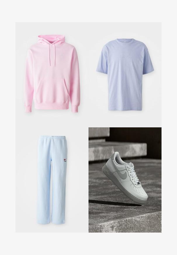 Roosa kapuutsipeakott, mis on valmistatud puuvilla segust, millel on ees kangaroo tasku, nöörid ja rinnal väike valge Nike logo.; Heleheles sinine puuvillane T-särk ümmarguse kaelusega ja lühikeste varrukatega. Ees keskel on reljeefne "nike" logo. Pehme tekstuur.; Heledad sinised dressipüksid elastse vaherindega, millel on väike punane Nike logo ja "Athletic Department" tekst. Pehme puuvillane materjal.; Valge Nike Air Force 1 tossujalg õhus tekstureeritud betoonpinna kohal, taustal kivist trepiastmed.