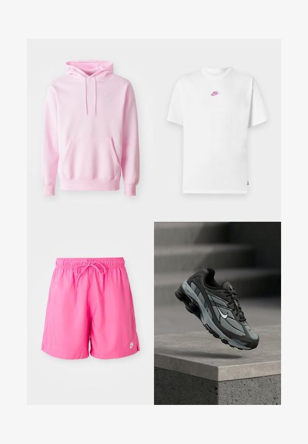 Sudadera rosa hecha de una mezcla de algodón, con un bolsillo tipo canguro, cordones y un pequeño logo de Nike blanco en el pecho.; Camiseta blanca de manga corta de Nike con pequeño logo rosa centrado en el pecho y cuello redondo.; Pantalones cortos deportivos rosa con cinturilla elástica y cordón. Fabricados en un material ligero, cuentan con aberturas laterales y un pequeño detalle de logo.; Zapatilla deportiva gris y negra con paneles de malla y suela gruesa, posicionada en el aire sobre un saliente de hormigón con escaleras de fondo.