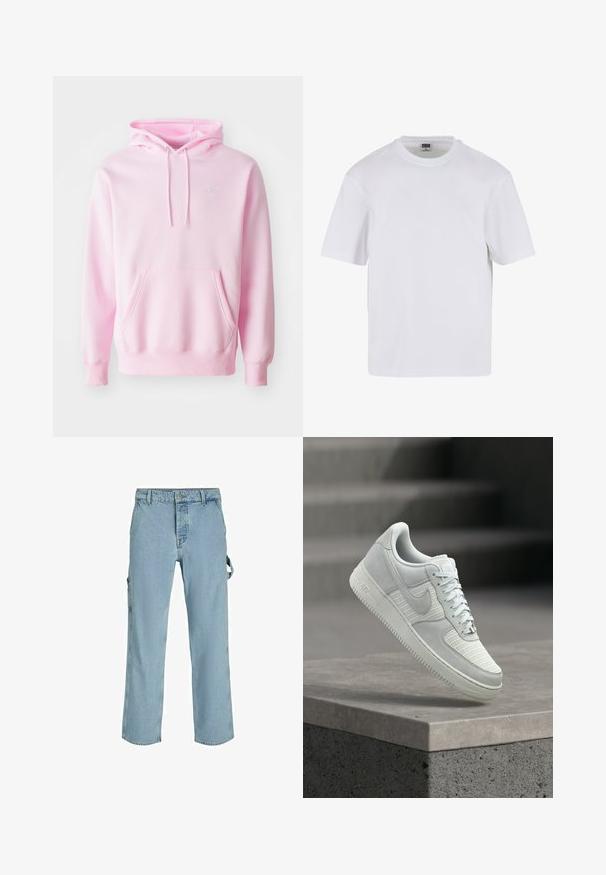 Sudadera rosa hecha de una mezcla de algodón, con un bolsillo tipo canguro, cordones y un pequeño logo de Nike blanco en el pecho.; Camiseta blanca de manga corta hecha de algodón. Presenta un cuello redondo y un ajuste holgado. Textura suave, diseño minimalista, sin patrones ni adornos.; Pantalones cargo de mezclilla azul claro con un corte relajado, que cuentan con lazos de sujeción laterales y bolsillos frontales, mostrando una textura desgastada.; Zapatilla Nike Air Force 1 blanca con paneles de malla y cuero, cordones atados, flotando sobre un bordillo de hormigón frente a un fondo de escaleras desenfocado.