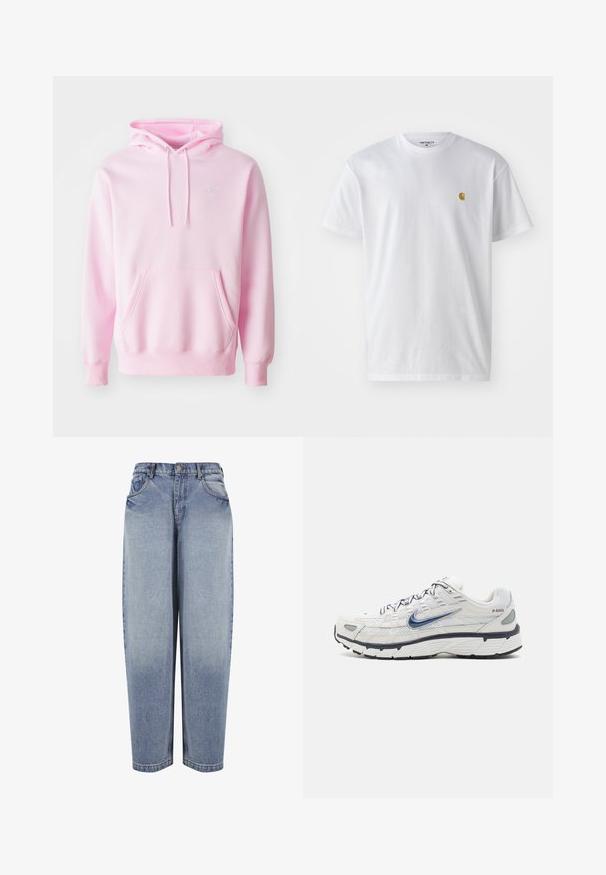 Ružová mikina z bavlnenej zmesi, s klokanním vreckom, šnúrkami a malým bielym logom Nike na hrudi.; Biele bavlnené tričko s krátkymi rukávmi, okrúhlym výstrihom, s malým zlatým logom na ľavej strane hrude. Mäkká textúra a normálny strih.; Modré rifle z denimu s vysokým pásom, voľným strihom, prednými vreckami, pútkami na opasok, zapínaním na gombíky a vyblednutými detailmi pozdĺž nôh.; Nike Sportswear P 6000 - Tenisky - phantom/obsidian/summit white/white/black/metallic silver