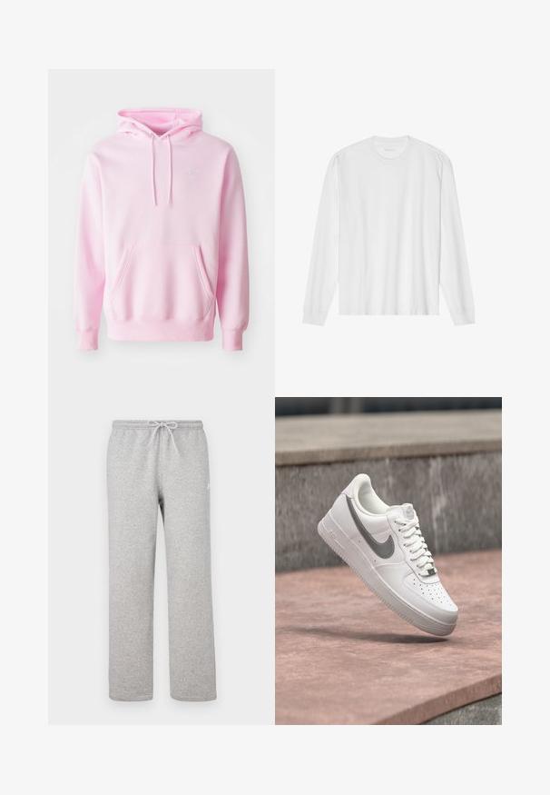 Sudadera rosa hecha de una mezcla de algodón, con un bolsillo tipo canguro, cordones y un pequeño logo de Nike blanco en el pecho.; Camiseta blanca de algodón de manga larga con cuello redondo, con puños acanalados y dobladillo recto, textura suave y diseño minimalista.; Pantalones deportivos grises con cintura elástica y cordón ajustable. Fabricados con tela suave, cuentan con piernas rectas y un sutil detalle de logotipo.; Zapatilla blanca Nike Air Force 1 con logo swoosh gris flotando sobre una superficie de piedra y un fondo de pared de piedra gris.
