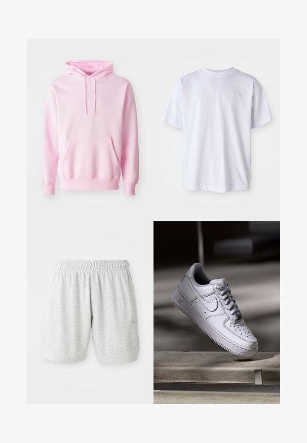 Pink hoodie lavet af en bomuldsblanding, med en kængurulomme, snoretræk og et lille hvidt Nike-logo på brystet.; Hvid bomulds T-shirt med rund hals og korte ærmer. Har et diskret logo broderet i matchende farve på venstre bryst.; Grå bomuldsbukser med elastisk talje, der har en glat tekstur og sidelommer. Diskret logodetalje ved kanten.; Hvid læder Nike Air Force 1 sneaker med perforeret tå, flade snørebånd og tekstureret gummisål med "AIR" branding på siden.