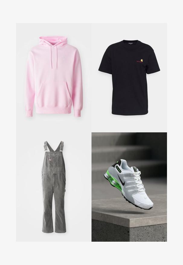 Pink hoodie lavet af en bomuldsblanding, med en kængurulomme, snoretræk og et lille hvidt Nike-logo på brystet.; Sort bomulds T-shirt med korte ærmer, rund hals og lille farverigt logo på venstre bryst. Klassisk snit med en glat tekstur.; Grå denim overaller med justerbare stropper, brystlomme foran, sidelommer og flagrende ben. Robust stof og afslappet pasform for komfort.; Nike Shox sneaker i hvid og grå med sorte accenter, med en grøn polstret hæl, tekstureret overdel og flere snøreløkker.