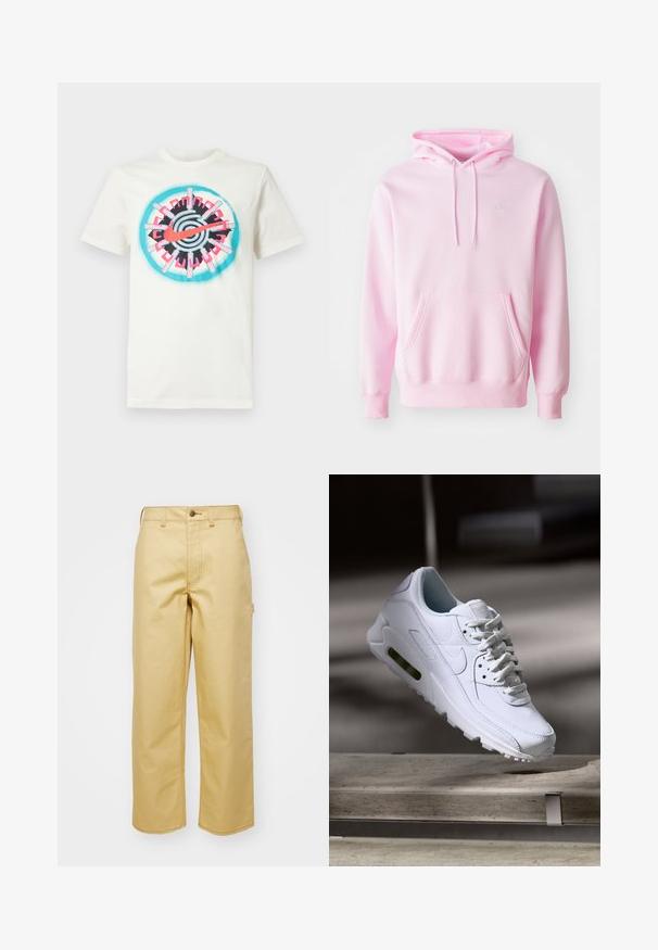 Ružová mikina z bavlnenej zmesi, s klokanním vreckom, šnúrkami a malým bielym logom Nike na hrudi.; Biela bavlnená tričko s centrálnou farebnou grafikou v ružovej, čiernej a tyrkysovej farbe s obľúbeným kruhovým dizajnom a logom Nike. Krátke rukávy.; Béžové široké nohavice vyrobené z bavlny s predným zapínaním na gombík, pútkami na opasok a bočnými vreckami. Hladká textúra s viditeľnými švovými detailmi.; Biele kožené tenisky s textúrovanými povrchmi, polstrovaným golierom a viditeľným vzduchovým odpružením v podrážke. Majú šnúrky a minimalistický dizajn.