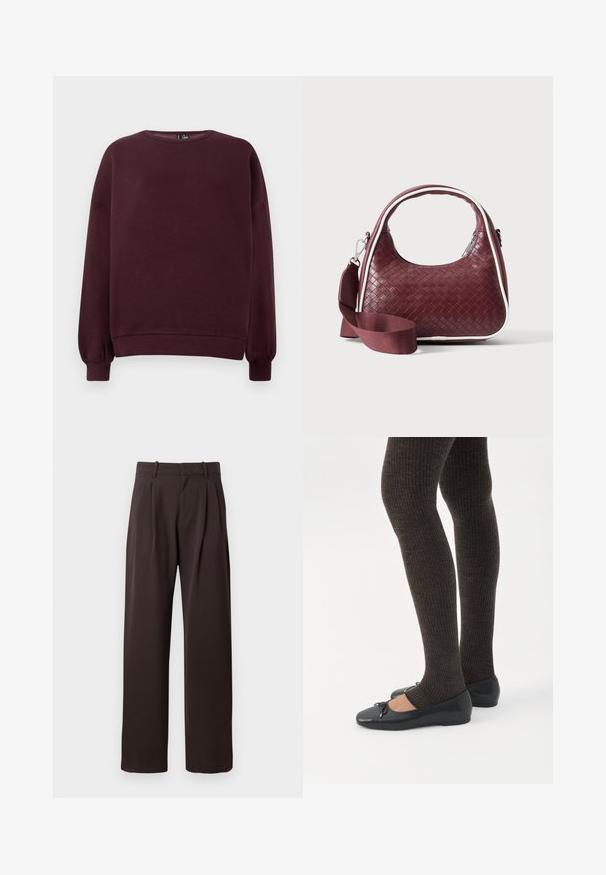 Bordeaux sweatshirt van zachte stof, met een ronde hals, lange mouwen en ribgebreide manchetten. Eenvoudig ontwerp zonder patronen of accenten.; Bruine, geplooide broeken met een recht model. Gemaakt van een soepele stof, met riemlussen en zijzakken.; Benen met donkere geribbelde leggings gecombineerd met zwarte ballerina's met kleine strikdetails op een witte achtergrond.; Donkerrode geweven leren handtas met gebogen handvat, witte bies, zilveren rits en afneembare brede stoffen schouderriem tegen een effen achtergrond.