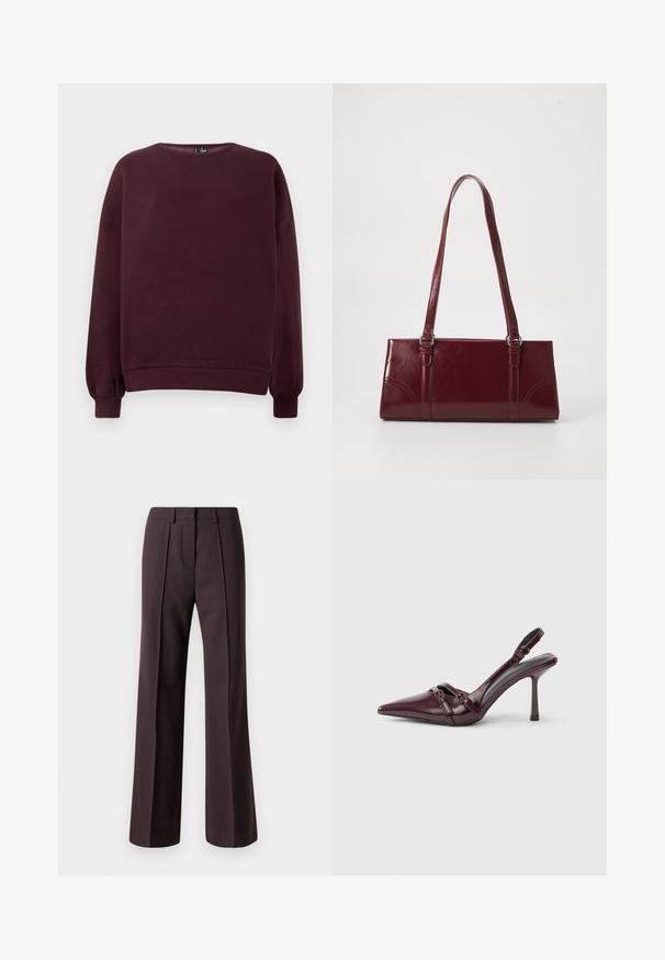 Burgundia värvi sweatshirt, mis on valmistatud pehmest kangast, millel on ümar kaelus, pikad varrukad ja soonikkoes mansetid. Üksnes lihtne disain, ilma mustrite või aktsentideta.; Tumedpruunidest kangast laiad püksid, millel on kohandatud disain, ees pleedid ja sile tekstuur, sobivad ametlikeks üritusteks.; Burgundia lakknahast slingback-kontsaga kingad terava nina, õhukese pahkluu rihma ja väikese dekoratiivse pandlaga. Sile tekstuur ja kõrge konts.; Burgundia värvi käekott, mis on valmistatud läikivast materjalist, ristküliku kujuline, kahe õlapaelaga ning ees on peened kaarjad aktsendid.