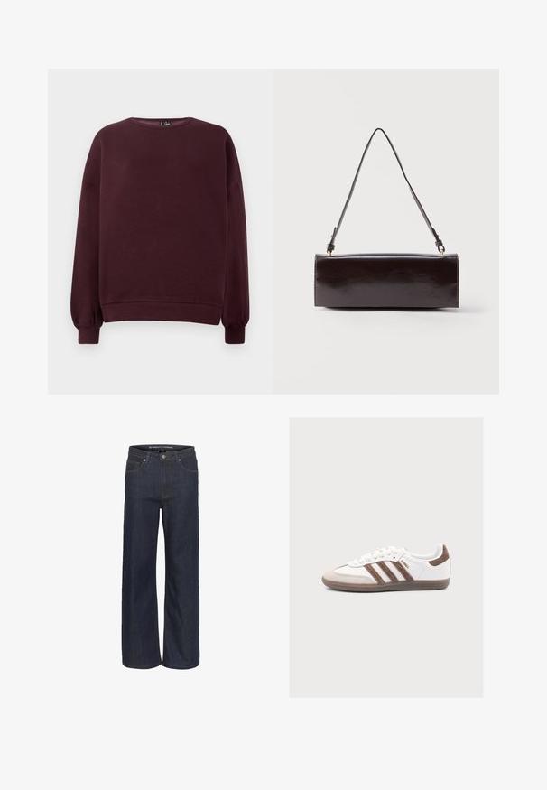Bordeaux sweatshirt van zachte stof, met een ronde hals, lange mouwen en ribgebreide manchetten. Eenvoudig ontwerp zonder patronen of accenten.; Donkerdenim wijde pijpen jeans met een hoge taille, voorzien van vijf zakken, contrasterende stiksels en een ruwe zoom aan de onderkant.; Witte Adidas Samba sneaker met bruine suède strepen en hieltab, beige neuskap en gum rubberen zool op effen achtergrond.; Rechthoekige zwarte leren handtas met een enkele lange schouderband en een glanzende afwerking, weergegeven tegen een effen witte achtergrond.