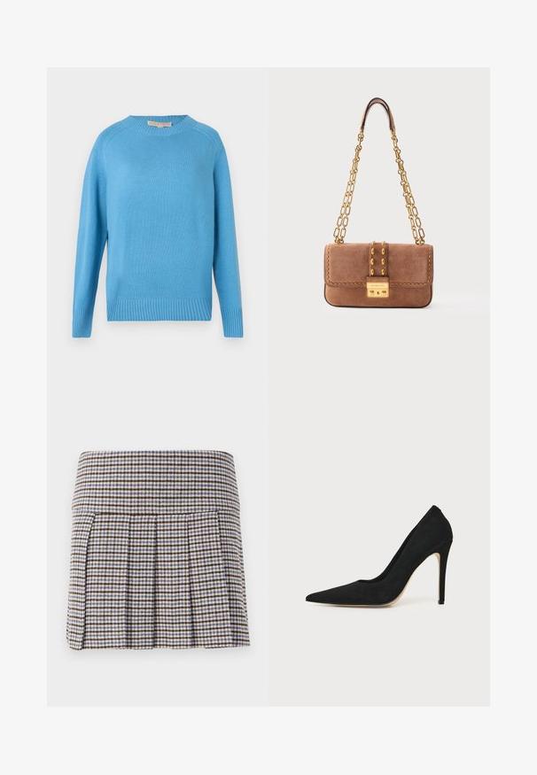 Pull en tricot bleu clair avec un col rond, des manches longues, des poignets en côtes et un ourlet côtelé. Texture lisse avec une coupe décontractée.; Jupe plissée dans un motif écossais marron, beige et bleu. Fabriquée à partir d'un tissu texturé avec une taille ajustée et des plis décoratifs.; Escarpin stiletto noir à talon haut avec bout pointu et texture lisse, présenté de profil sur un fond clair uni.; Sac bandoulière en daim marron avec sangle en chaîne dorée, clous dorés, détails de couture, et fermoir rectangulaire doré gravé du nom de la marque.