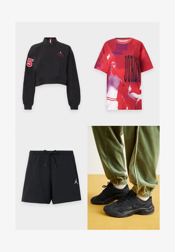 Sweat-shirt court noir avec une demi-fermeture éclair, numéro rouge "5" sur la manche droite et texte rouge brodé sur la poitrine gauche.; Maillot rouge à manches courtes avec texte noir « JORDAN », graphique de filet de basket violet et images en demi-teintes blanches et violettes de joueurs de basket.; Shorts de sport noirs avec taille à cordon de serrage et petit logo Jumpman blanc sur la jambe gauche.; Baskets de sport noires avec des empiècements en mesh et en synthétique, semelle texturée, associées à un pantalon de jogging vert avec des poignets élastiques, sur une surface jaune.