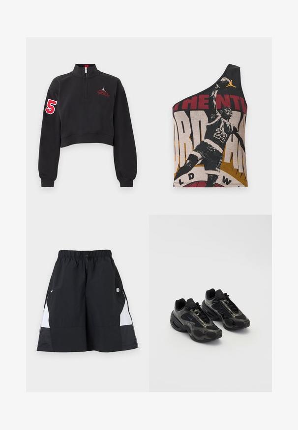 Sort cropped sweatshirt med halv lynlås, rødt nummer "5" på højre ærme og rød broderet tekst på venstre bryst.; Asymmetrisk sort tanktop med grafisk tryk, der viser en basketballspiller, tekstureret stof og kontrasterende røde, beige og gyldne farver.; Sort-hvide atletikshorts med elastisk taljebånd og snøre, med Nike-swoosh og et lille patch-logo på højre side.; Sorte sportssko lavet af syntetisk materiale med mesh-detaljer og afrundede såler. Har snørresystem og fremtrædende Nike-logo på tungen.
