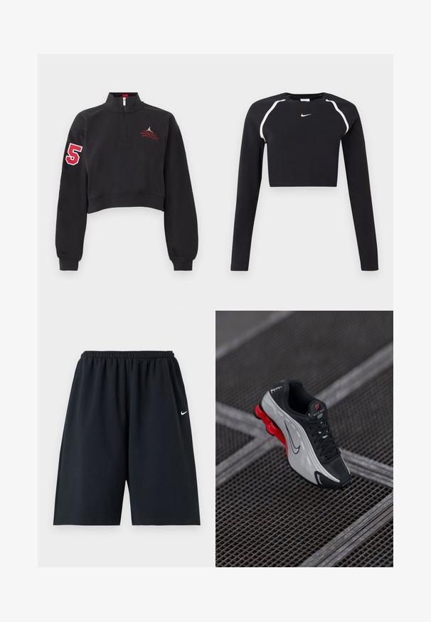 Zwarte cropped sweater met halve rits, rood nummer "5" op de rechtermouw en rode geborduurde tekst op de linkerborst.; Zwarte lange mouwen cropped sporttop met witte gebogen schouderstrepen en klein wit Nike swoosh-logo in het midden van de borst.; Zwarte Nike sportshorts met elastische tailleband en klein wit Swoosh-logo op de rechterdij, weergegeven tegen een effen achtergrond.; Zwarte en grijze sportieve schoen met een rode dempende zool, zwarte veters en een swoosh-logo, rustend op een metalen rasteroppervlak.