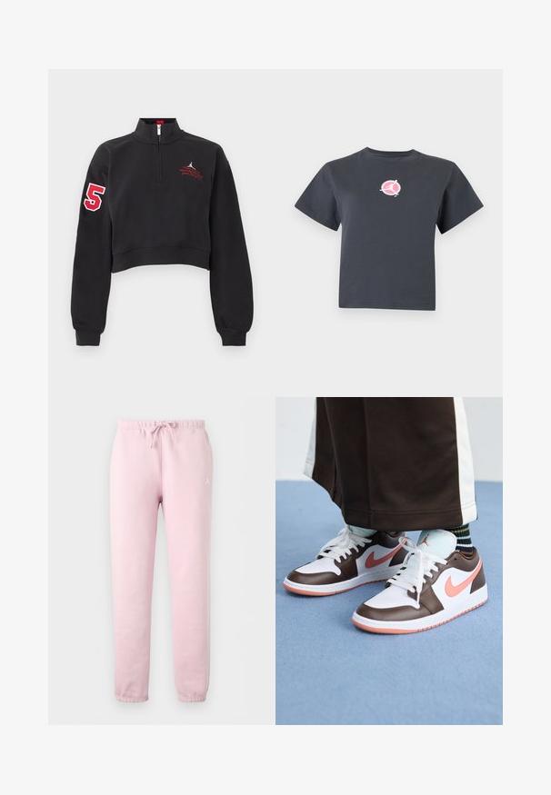 Sweat-shirt court noir avec une demi-fermeture éclair, numéro rouge "5" sur la manche droite et texte rouge brodé sur la poitrine gauche.; T-shirt court gris foncé à manches courtes avec un petit logo rond rose et blanc représentant une silhouette d'une personne en mouvement sur la poitrine.; Pantalon de survêtement rose clair avec poignets et taille élastiques, doté d'un cordon de serrage à l'avant et d'un petit logo blanc sur la partie supérieure de la cuisse gauche.; Baskets Nike Air Jordan blanches et brunes avec des accents roses, présentant un design basse, des lacets blancs et une semelle en caoutchouc texturée.