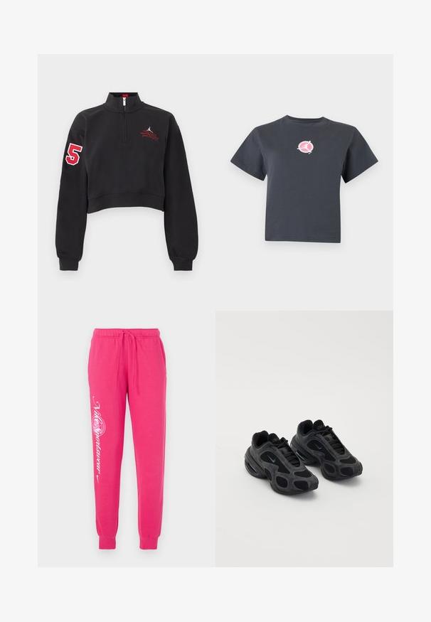 Sort cropped sweatshirt med halv lynlås, rødt nummer "5" på højre ærme og rød broderet tekst på venstre bryst.; Mørkegrå kortærmet croppet t-shirt med en lille rund lyserød og hvid logo med en silhuet af en person i bevægelse på brystet.; Lyserøde sweatpants lavet af blødt stof, med snor i taljen, tapered cuffs og hvid grafisk tekst på venstre ben.; Sorte Nike sneakers med mesh- og suede-paneler, unikke udsparinger og polstrede kraver. Skinnende accenter på siderne fremhæver et moderne design.