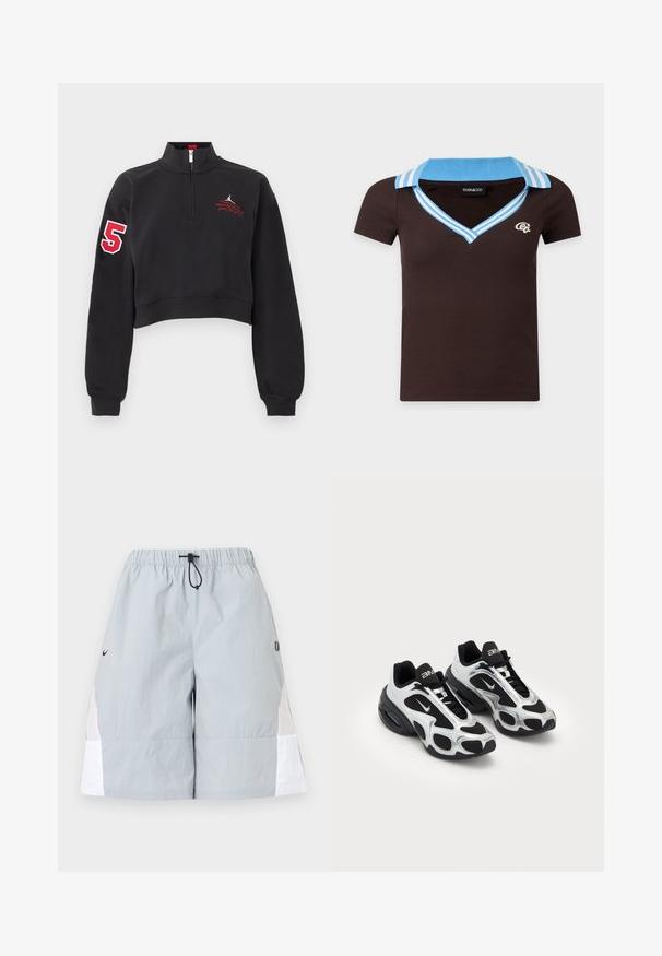 Sort cropped sweatshirt med halv lynlås, rødt nummer "5" på højre ærme og rød broderet tekst på venstre bryst.; Brun kortærmet skjorte med lyseblå krave og V-hals med striber, med en lille hvid logo på venstre bryst.; Lysegrå atletikshorts med hvide sidepaneler, elastisk linning og sort snor, vist på en ensfarvet baggrund.; Sorte og sølv atletiske sko med en overdel i mesh og syntetisk materiale, der har et karakteristisk bølget design og polstret krave, samt luftdæmpning i sålen.