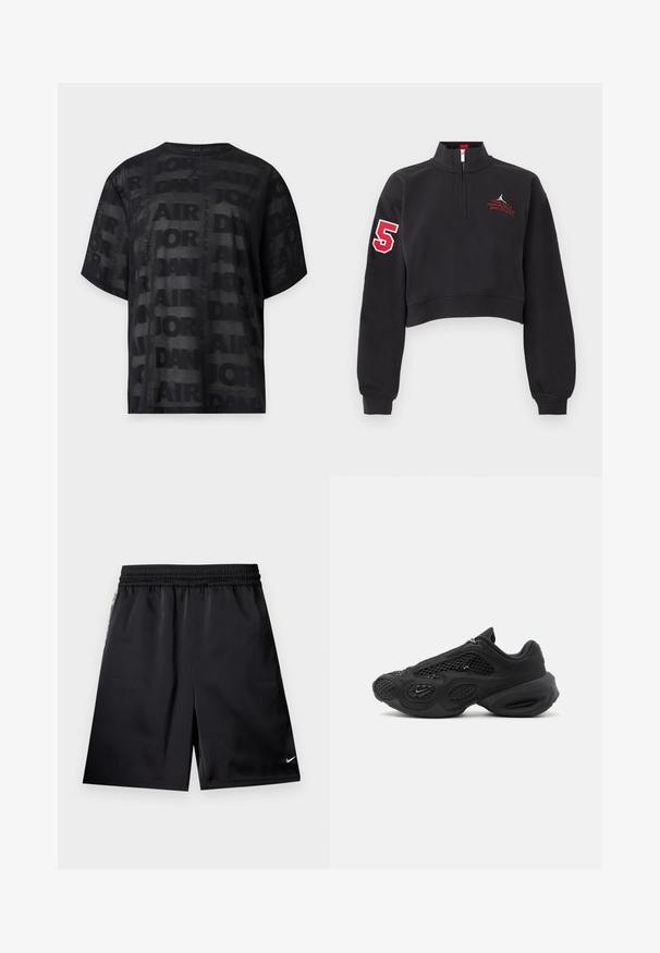 Sweat-shirt court noir avec une demi-fermeture éclair, numéro rouge "5" sur la manche droite et texte rouge brodé sur la poitrine gauche.; T-shirt noir à manches courtes en mesh avec motif répétitif du texte « Air Jordan » et petit logo Jordan Jumpman au centre de l'encolure avant.; Shorts de sport noirs avec taille élastique, poches latérales et petit logo blanc Nike swoosh sur le bas de la jambe droite.; Baskets sportives noires avec panneaux en mesh, semelle épaisse et rembourrée, et petit logo swoosh sur le côté, photographiées sur fond uni.