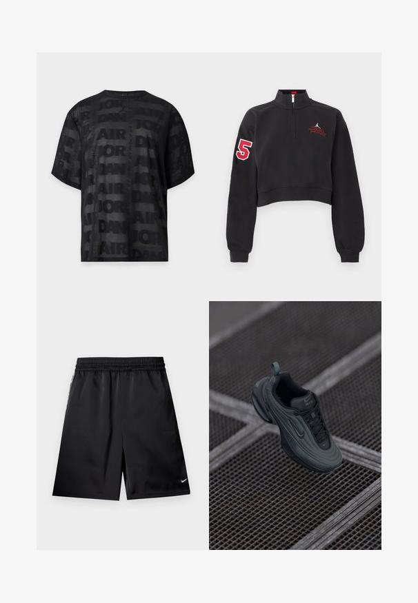 Sweat-shirt court noir avec une demi-fermeture éclair, numéro rouge "5" sur la manche droite et texte rouge brodé sur la poitrine gauche.; T-shirt noir à manches courtes en mesh avec motif répétitif du texte « Air Jordan » et petit logo Jordan Jumpman au centre de l'encolure avant.; Shorts de sport noirs avec taille élastique, poches latérales et petit logo blanc Nike swoosh sur le bas de la jambe droite.; Baskets Nike Air vert foncé et noir flottant au-dessus d'un sol en grille métallique, mettant en valeur ses détails de conception sur le côté et le dessus.