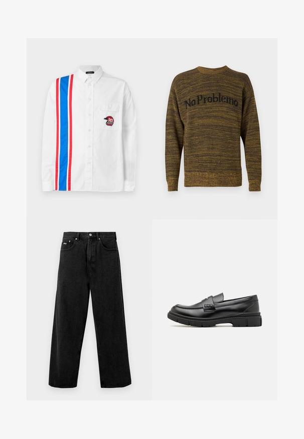 Brun og gul mønstret strikket sweater med rund hals og ribbede manchetter, med teksten "NoProblemo" i sort på forsiden.; Hvid skjorte med knapper, der har et blåt og rødt stribedesign på den ene side og et sort broderet hjelm-patch på brystlommen.; Sort bredde bukser lavet af denim, med knaplukning og frontlommer. Diskret varemærkeblik på taljebåndet. Mat tekstur.; Sort læder loafersko med en bred rem over forfoden, gummisål med tykke mønstre og glat overflade. Klassisk, slankt design.