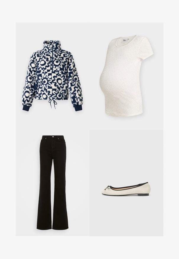 Fleece-Pullover mit navy- und weißen abstrakten Blumenmuster, halber Reißverschluss vorne, hoher Kragen, elastische Bündchen und Kordelzug-Bund.; Weißes Umstands-T-Shirt mit kurzen Ärmeln, kleinem rosa Blumenmuster und rundem Ausschnitt vor einfarbigem Hintergrund.; Hoch taillierte schwarze Schlagjeans aus Denim, mit Knopfverschluss, seitlichen Taschen und glatter Textur.; Balletschuh aus beigem Textil mit schwarzem Rand. Mit einer abgerundeten Schuhspitze und einem kleinen Schleifenakzent an der Vorderseite. Flache Sohle.
