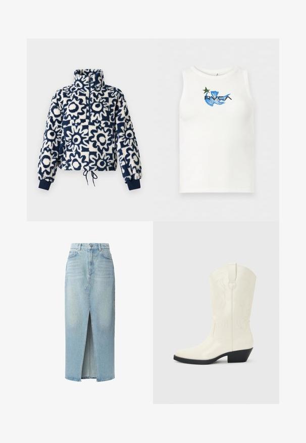 Fleece pulóver s námorníckou a bielou abstraktnou kvetinovou potlačou, polovičný zips na prednej strane, vysoký golier, elastické manžety a šnúrka na spodnom leme.; Biely tielkový top bez rukávov s modrou abstraktnou grafikou, zelenou hviezdou a čiernym logom „RVCA“ uprostred na hrudi.; Svetlomodrá džínsová sukňa s predným rozparkom, piatimi vreckami a pútkami na opasok. Vyrobená z bavlny s hladkou textúrou a miernym vyblednutím.; Biela westernová čižma do polovice lýtka so špicatou špičkou, čiernym vrstveným podpätkom, dekoratívnym prešívaním a pútkom na stopke.