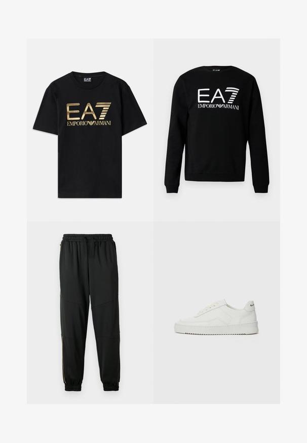 Čierna mikina z bavlneného zmesi s bielym grafickým logom "EA7 Emporio Armani" na prednej strane. Kruhový výstrih a rebrované manžety.; Čierne bavlnené tričko s krátkymi rukávmi, s potlačou zlatého loga "EA7 EMPORIO ARMANI" na prednej strane. Jednoduchý dizajn, okrúhly výstrih.; Čierne športové nohavice vyrobené z elastického materiálu, so strihom v pase, bočnými zipsovými vreckami a manžetami s kontrastnými zlatými detailmi.; Biele kožené tenisky s hladkým povrchom, okrúly špičkový dizajn, ploché šnúrky a textúrovaná podrážka. Obsahujú jemné logo na päte.