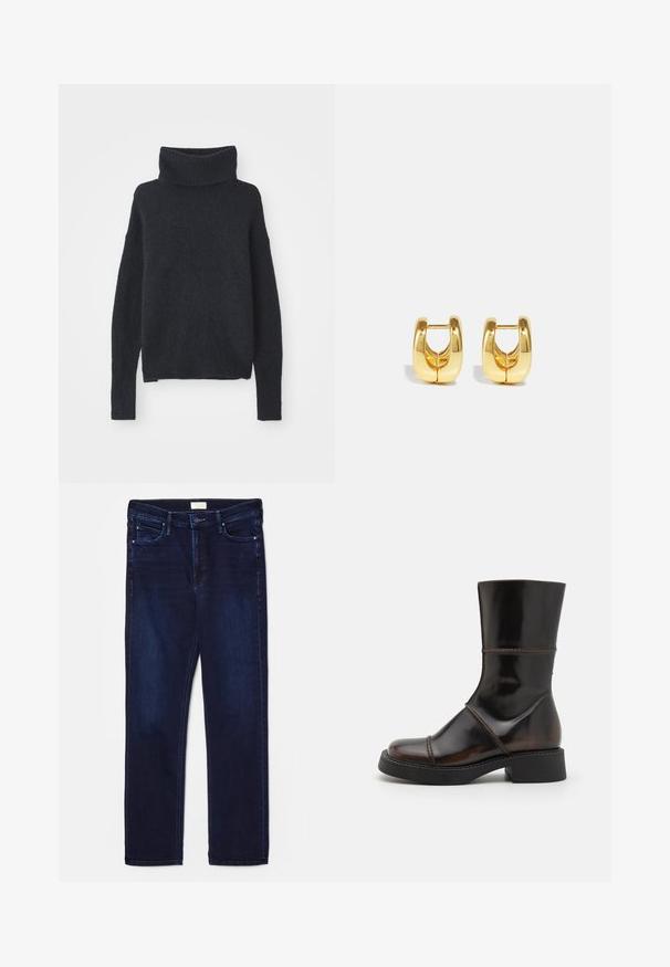 Dunkelblauer Rollkragenpullover aus weichem, strukturiertem Stoff. Verfügt über lange Ärmel, eine lockere Passform und Rippdetails am Kragen und an den Bündchen.; Dunkelblaue Denim-Jeans im Slim-Fit mit fünf Taschen, gesteppten Akzenten und geradem Bein. Mit Knopf- und Reißverschluss.; MIISTA DAHLIA - Plateaustiefel - brown; Goldene Creolen mit einem schlanken, abgerundeten Design. Sie verfügen über eine hohle Mitte und eine glänzende Oberfläche, die moderne Stile ergänzen.