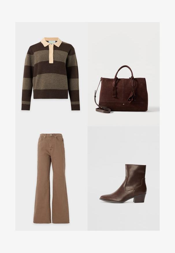 Gebreide trui met lange mouwen met brede horizontale bruine en olijfgroene strepen, een beige kraag en drie beige knopen op de voorbies.; Bruine high-waist jeans met een uitlopende pijp, sluiting met knopen aan de voorzijde en voor- en achterzakken, getoond tegen een effen achtergrond.; Bruine leren enkellaars met een puntige neus, middelhoge blokhak en elastische zijpanelen voor gemakkelijk aan- en uittrekken. Gladde textuur en slank ontwerp.; Donkerbruine suède handtas met dubbele hengsels, afneembare schouderband, gestikte details en decoratieve leren kwastjes op een witte achtergrond.