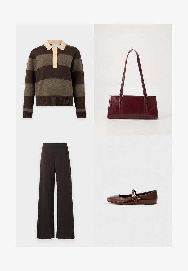 Pull en maille à manches longues avec larges rayures horizontales marron et olive, col beige et trois boutons beiges sur la patte de devant.; Pantalons larges noirs en tissu lisse et extensible. Ils présentent une taille haute et un design épuré et minimaliste sans fermetures visibles.; Ballerine en cuir verni marron avec un bout carré et une lanière ornée d'une petite boucle dorée. Texture lisse, talon bas et design minimaliste.; Sac à main bordeaux en matériau brillant, de forme rectangulaire, avec deux anses et des accents légèrement courbés à l'avant.