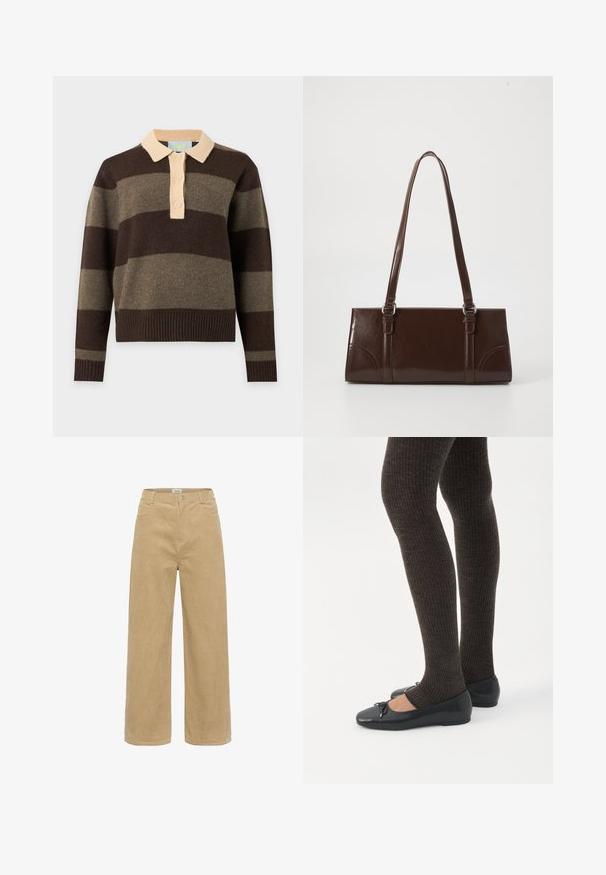 Pull en maille à manches longues avec larges rayures horizontales marron et olive, col beige et trois boutons beiges sur la patte de devant.; Pantalons en velours côtelé beige à jambes larges avec passants de ceinture, bouton avant et fermeture éclair, dotés de poches avant sur fond blanc.; Jambes portant des leggings côtelés foncés associés à des ballerines noires avec de petits détails en nœud sur fond blanc.; Sac à main en cuir verni marron de forme rectangulaire, avec deux longues poignées et des accents courbés subtils à l'avant.