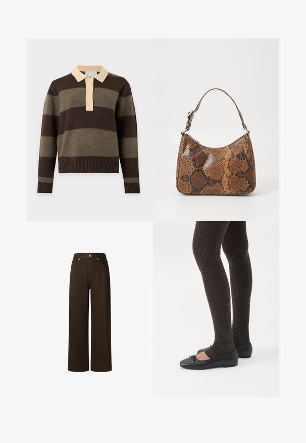 Striktrøje med lange ærmer med brede, vandrette brune og olivengrønne striber, beige krave og tre beige knapper på forstykke.; Pepe Jeans LEXA - Jeans Straight Leg - chocolate brown; Ben iført mørke ribbede leggings kombineret med sorte balletsko med små sløjfedetaljer på hvid baggrund.; Lille håndtaske med brun og sort slangeskinn mønster, kort justerbar rem og lynlåslukning.