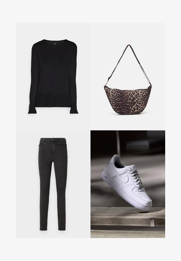Un pull noir en tricot, avec un col rond, des manches longues à poignets évasés et un détail de boutons décoratifs sur les poignets.; Jean skinny noir en denim, avec une taille haute, cinq poches et une texture subtile. Lavable en machine avec une braguette à fermeture éclair.; Baskets Nike Air Force 1 blanches lévitant au-dessus d'une surface en béton avec des ombres dans un cadre minimaliste.; Sac en tissu imprimé léopard avec une forme courbée, une fine bandoulière et une fermeture éclair. Teintes naturelles de beige et de marron foncé. Texture lisse.