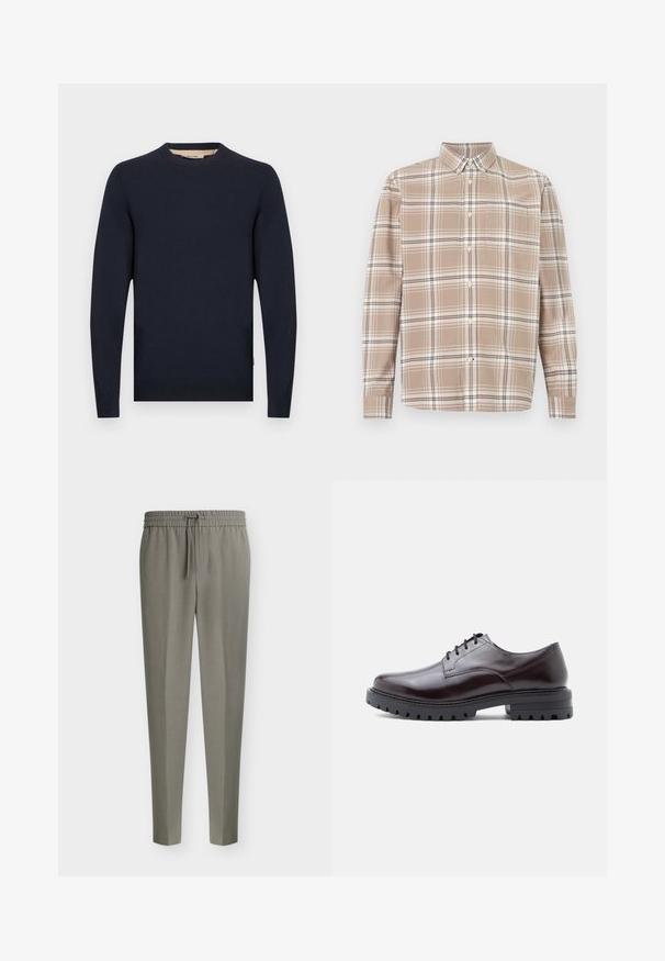 Marineblå sweater med rund halsudskæring, lange ærmer og ribbede manchetter og kant. Fremstillet af et glat stof med en afslappet pasform.; Beige ternet skjorte med knapper, lange ærmer, knappet krave og brystlomme på hvid baggrund.; Herrers lysegrå skræddersyede bukser med tilspidsede ben og en elastisk talje med snørre foran.; Skinnende mørk burgunder lædersko med rund tå, snørebåndsdesign og robust sort sål med fremtrædende mønstre for trækkraft.