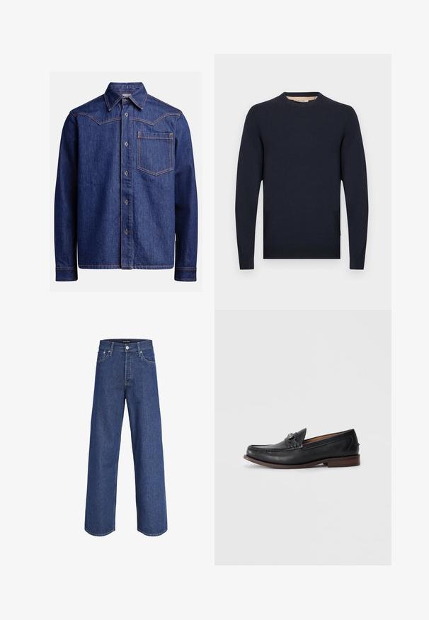 Jersey azul marino con cuello redondo, mangas largas y puños y dobladillo acanalados. Fabricado con un tejido liso y con un ajuste casual.; Camisa de mezclilla azul oscuro de manga larga con cuello punta, botones en el frente, bolsillo en el pecho y costuras en contraste de color naranja.; Vaqueros de denim azul de pierna ancha con cierre de botón y cremallera, trabillas para cinturón y bolsillos delanteros, mostrados sobre un fondo blanco.; Mocasines de cuero negro con punta redondeada, hardware decorativo en la parte delantera y una suela marrón contrastante. Textura suave y diseño fácil de poner.