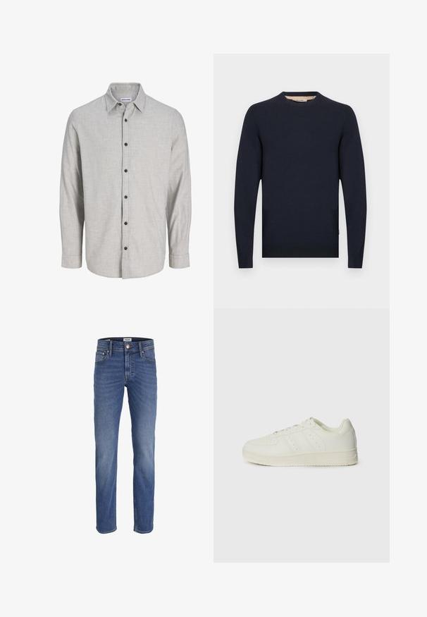Marineblå sweater med rund halsudskæring, lange ærmer og ribbede manchetter og kant. Fremstillet af et glat stof med en afslappet pasform.; Lys grå langærmet skjorte lavet af struktureret stof. Har en button-down krave og seks sorte knapper foran.; Blå denim jeans med lige ben, lukkes med knap og lynlås, for- og baglommer samt diskret falmning på lår og knæ.; Hvide sneakers med en glat læderoverflade, snørebånd, perforerede detaljer og tre diagonale striber på siden. Gummisål.