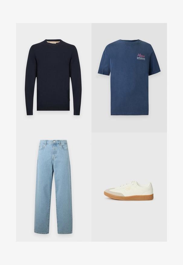 Marineblå sweater med rund halsudskæring, lange ærmer og ribbede manchetter og kant. Fremstillet af et glat stof med en afslappet pasform.; Mørkeblå T-shirt med korte ærmer og rund hals, med teksten "Miami Atlassian Williams Racing" trykt på øverste venstre bryst.; Lyseblå vide jeans lavet af denim, med frontknaplukning, traditionelt fem-lommer design og en afslappet pasform.; Sneaker lavet af hvid læder med en beige tåhætte og let brunt gummisål. Har flade hvide snørebånd og prægede branding på siden.